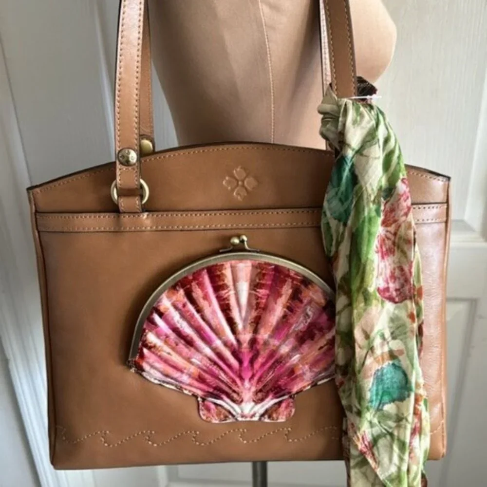 Patricia Nash Poppy Tote Leather w Seashells by the Seashore Scarf Tan Naturale